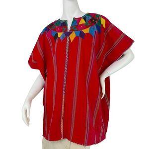 Handwoven Red Vintage Guatemalan Huipil Handmade with Embroidery One Size